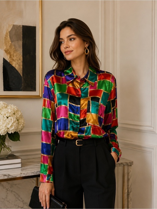 k.c studio Tops - ⭐️Host Pick⭐️VINTAGE-K.C studio Women’s satin colour block button up shirts